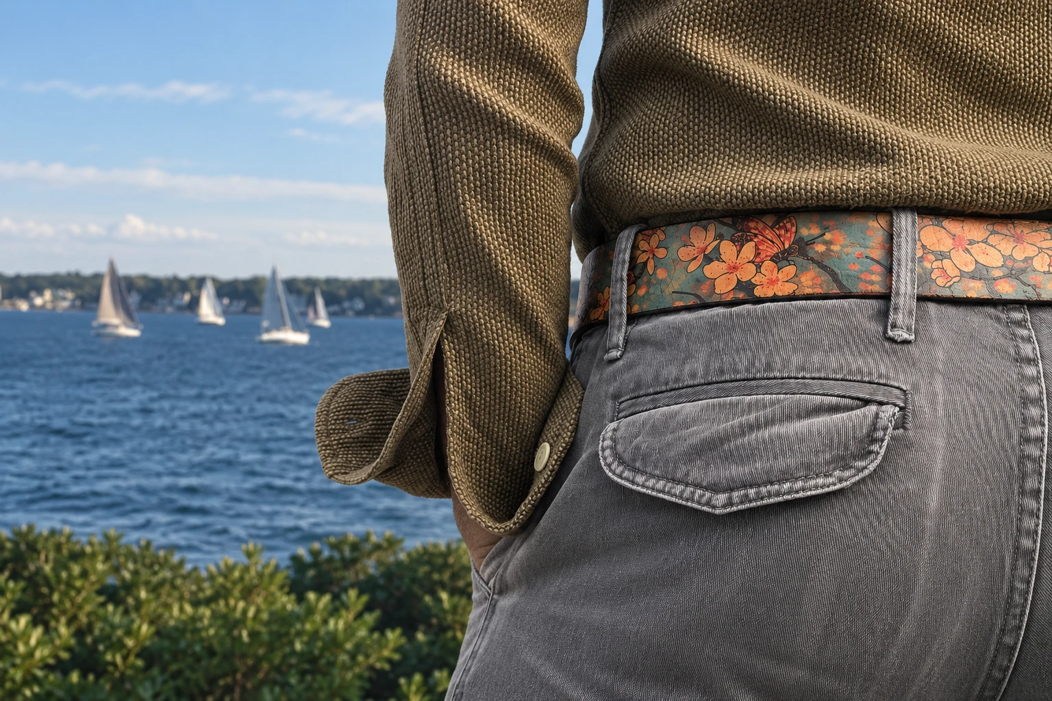 Floral leather belt and textured clothing beside a sailing harbor.