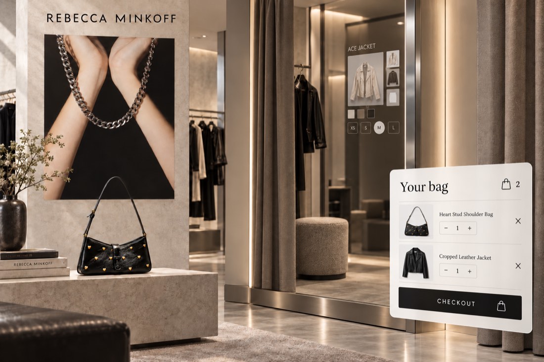 Conceptual recreation combining Rebecca Minkoff brand imagery, an empty smart fitting room, and an online shopping cart.